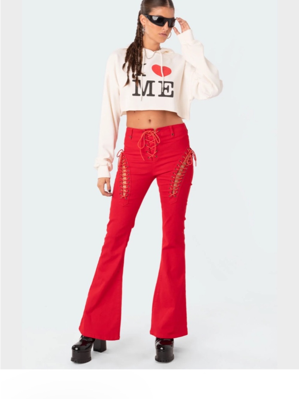 Edikted Red Lace-Up Boot Cut Pants